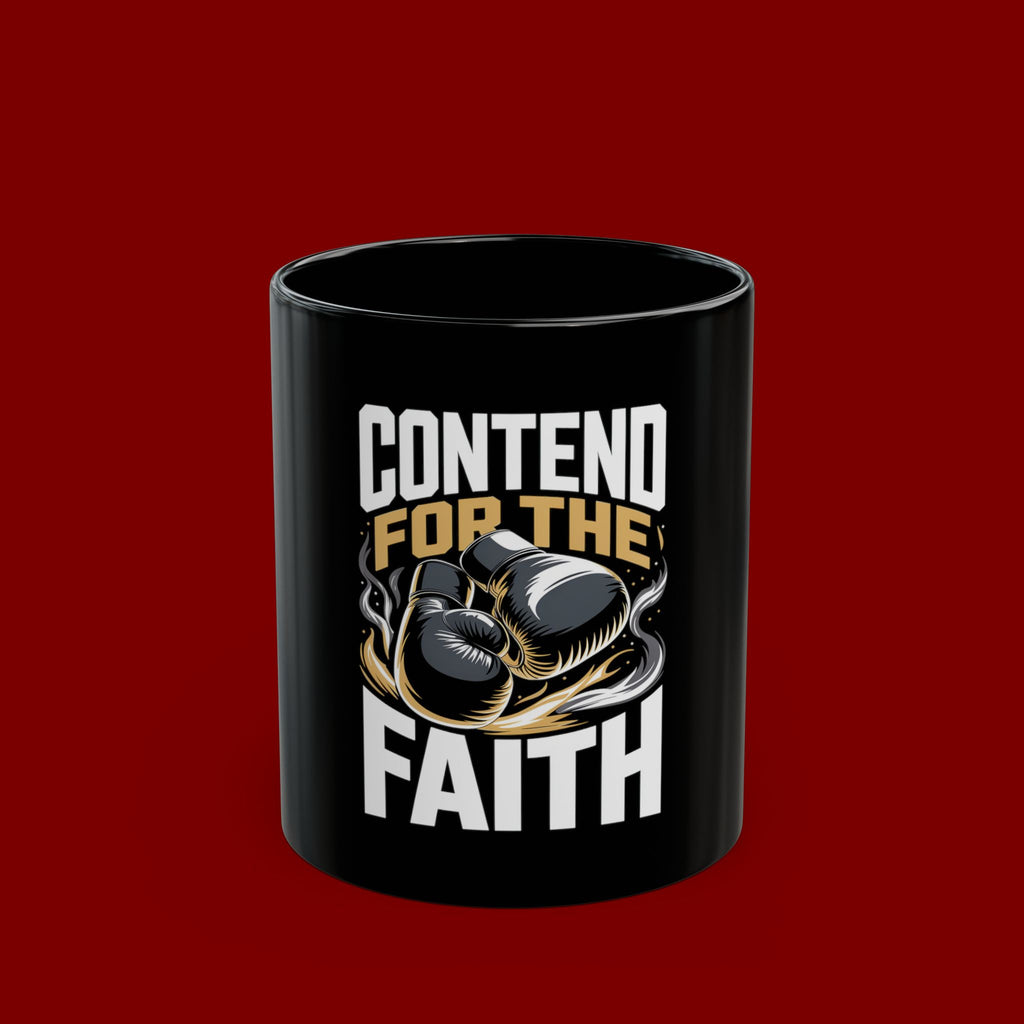 Contend for the Faith Black Mug – Inspirational Boxing Gloves Religious Coffee Cup (11oz/15oz)