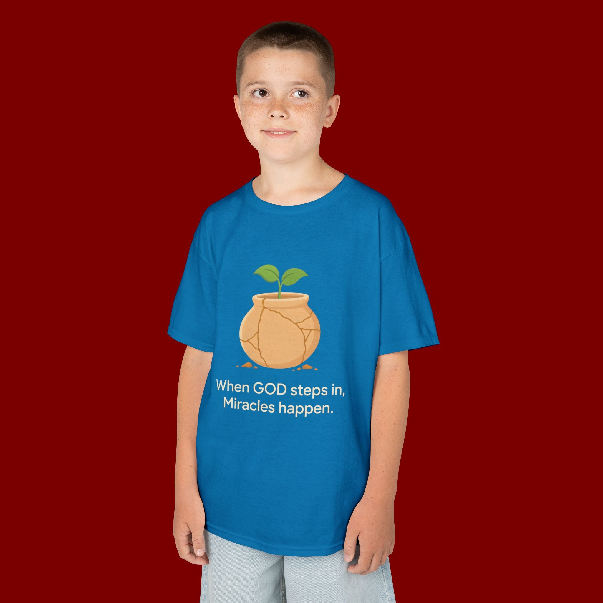 Kids Tee — "When GOD steps in, Miracles happen." Inspirational Christian T‑Shirt with Sprout Pot Design