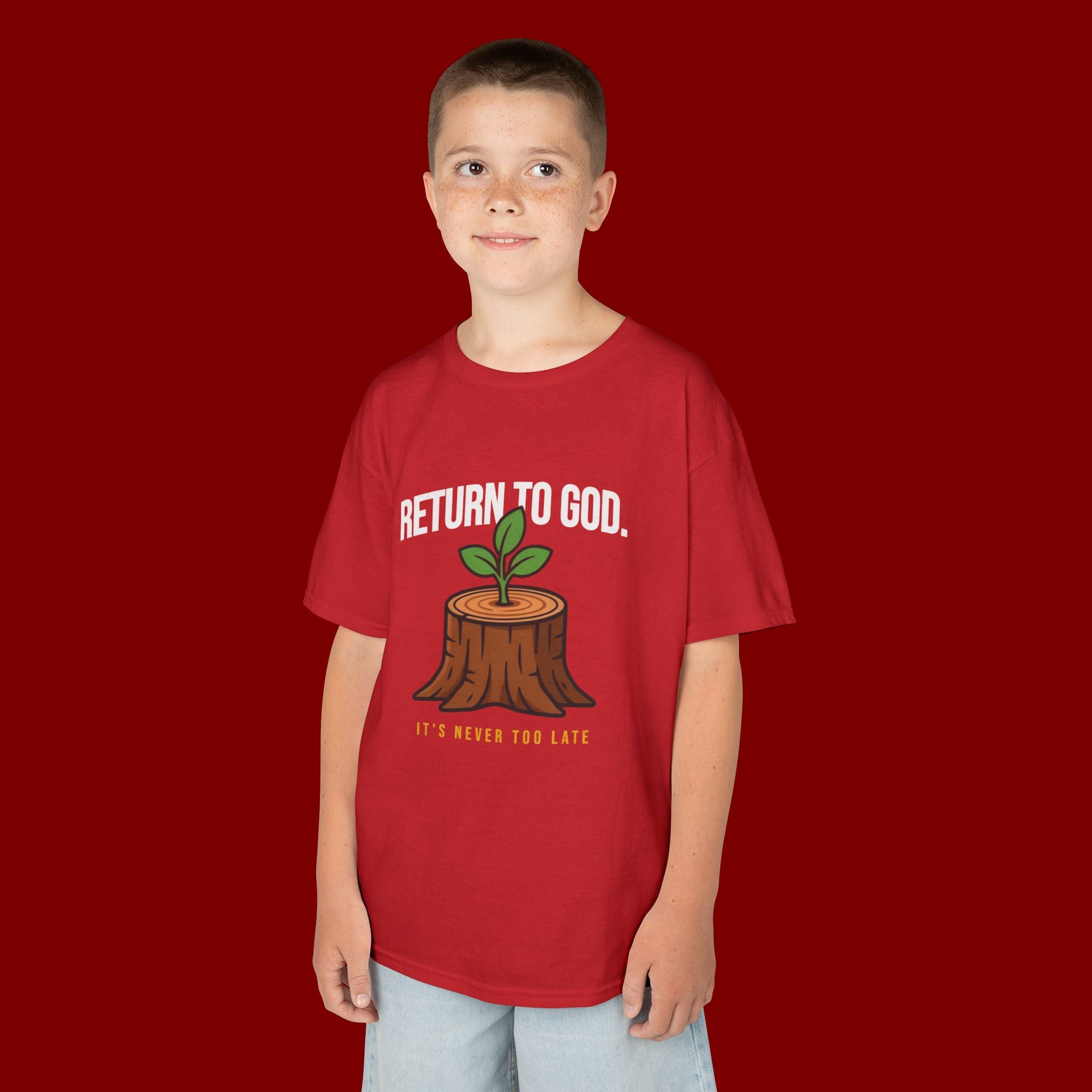 Return to God Kids T-Shirt – Tree Stump with Sprout, “It’s Never Too Late” Inspirational Youth Tee