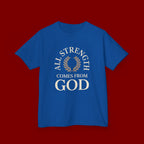 Kids T-Shirt – "All Strength Comes From God" Faith Tee for Boys & Girls