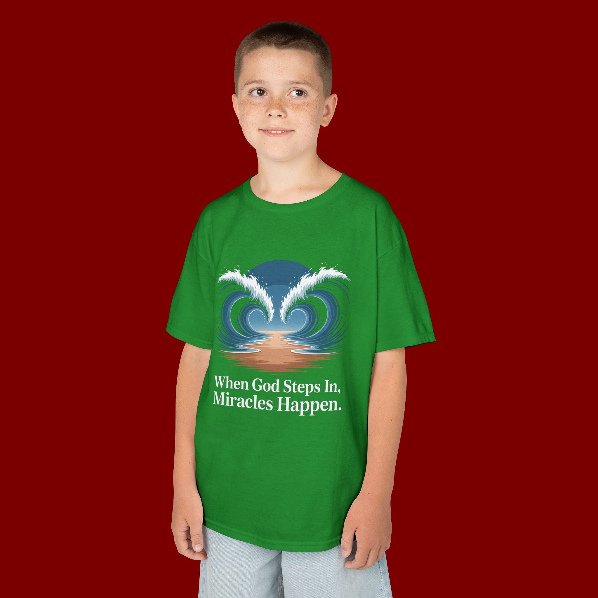 Kids Tee — “When God Steps In, Miracles Happen” Wave Heart Faith Shirt