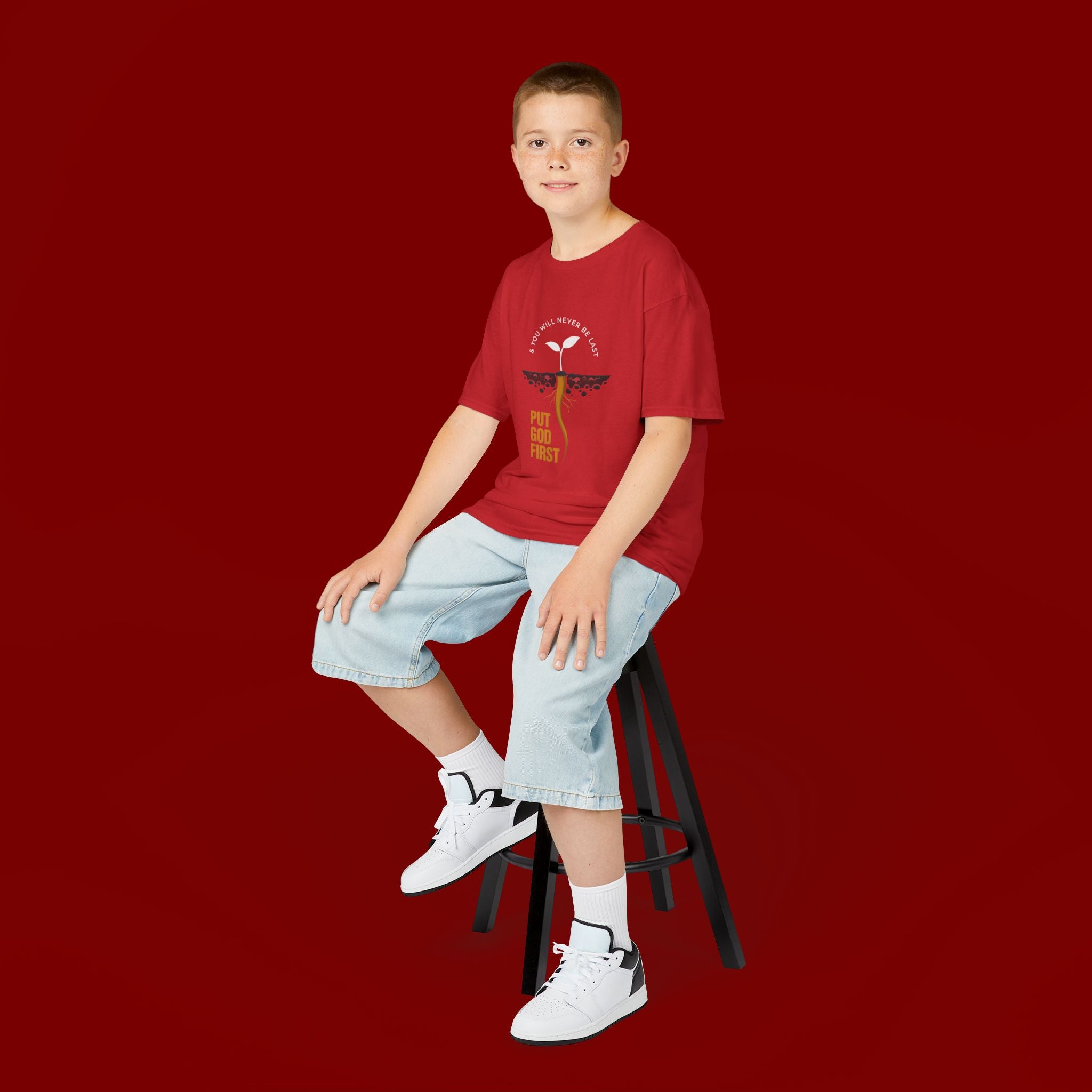 Kids T‑Shirt — 'Put God First' Religious Sprout Graphic Tee (Christian Youth)