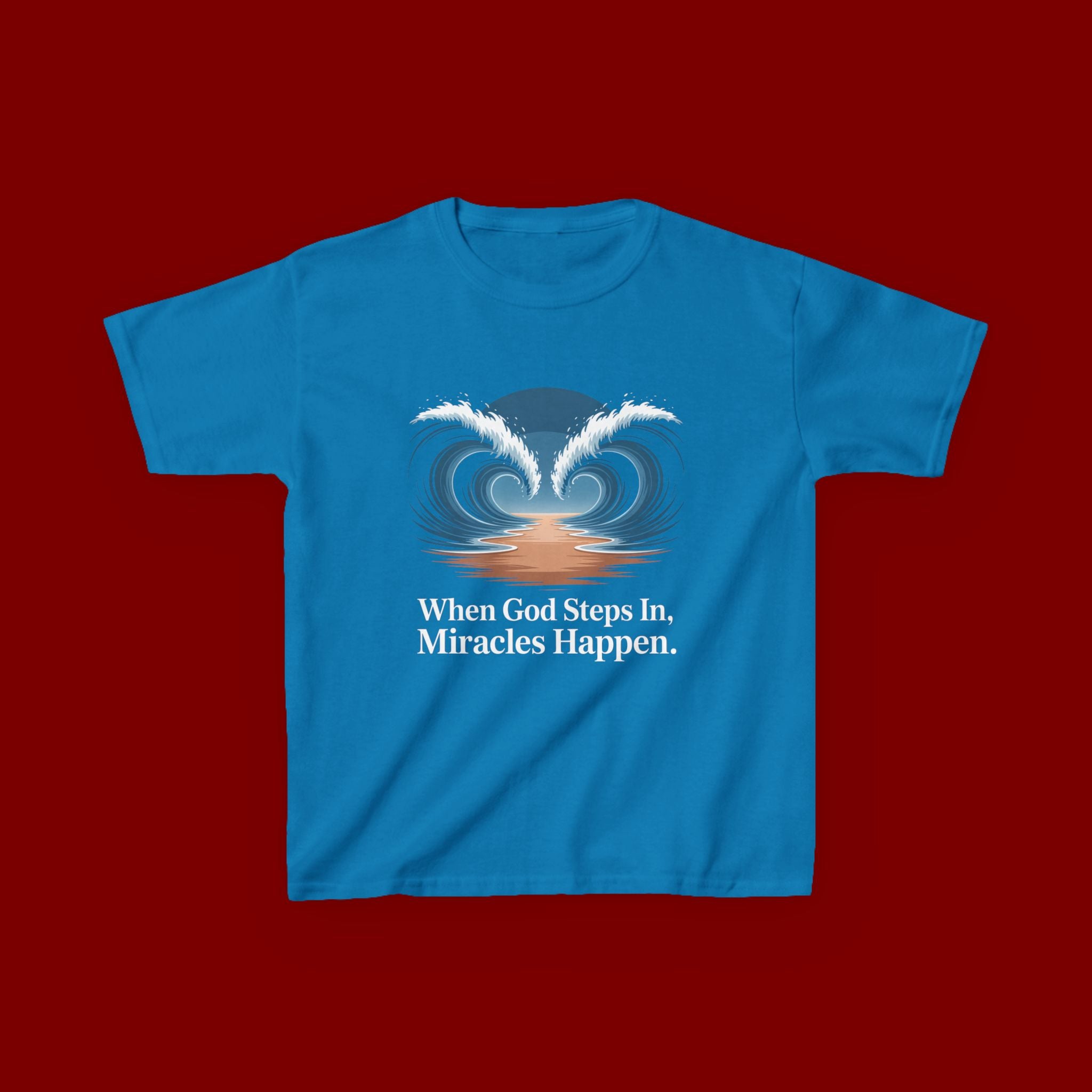 Kids Tee — “When God Steps In, Miracles Happen” Wave Heart Faith Shirt