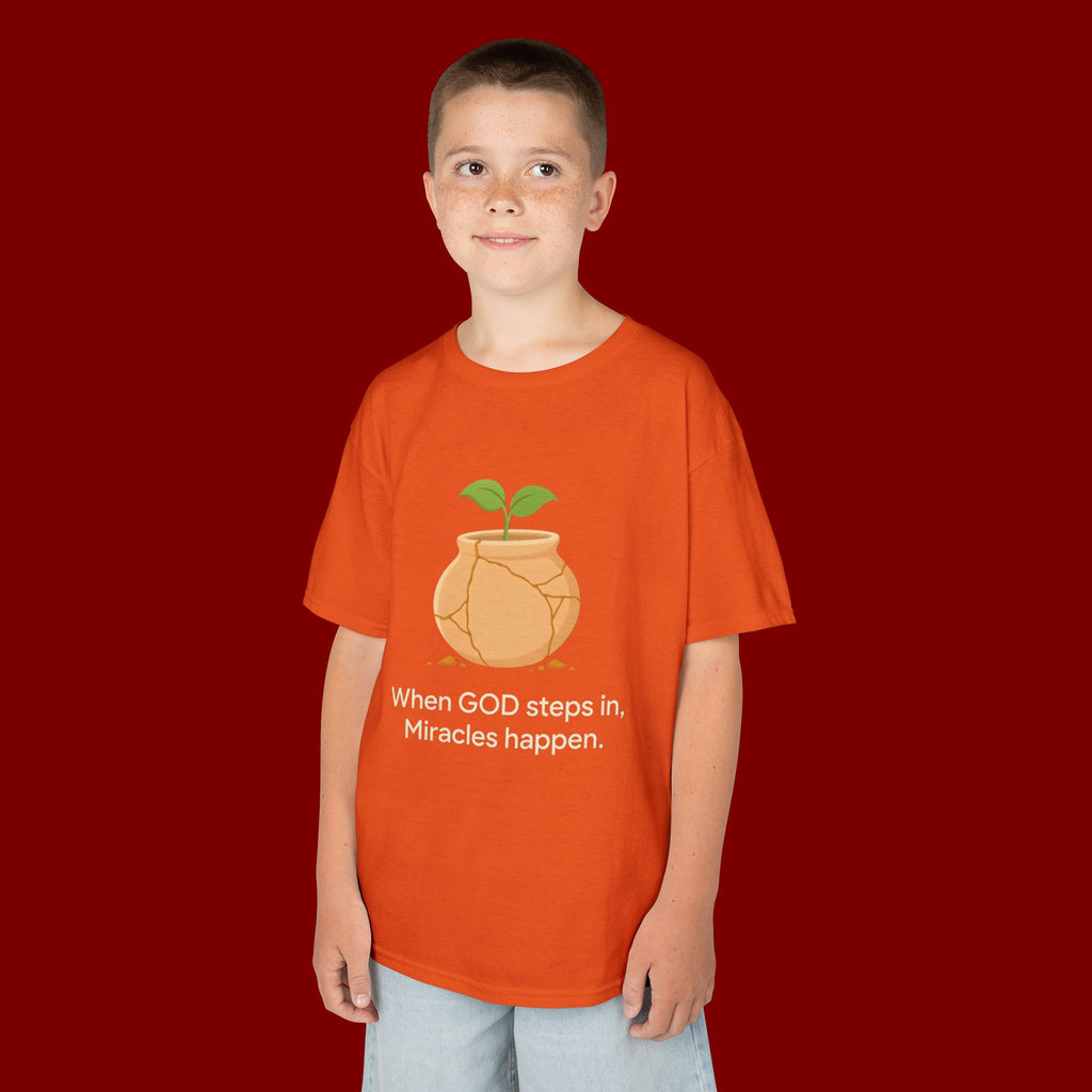 Kids Tee — "When GOD steps in, Miracles happen." Inspirational Christian T‑Shirt with Sprout Pot Design