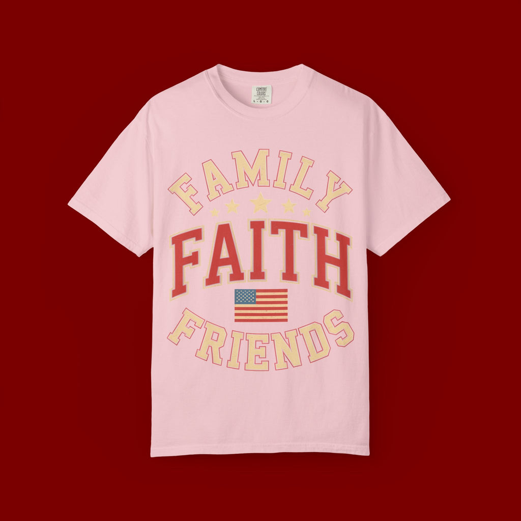 Family Faith Friends T-Shirt — Patriotic American Flag Tee