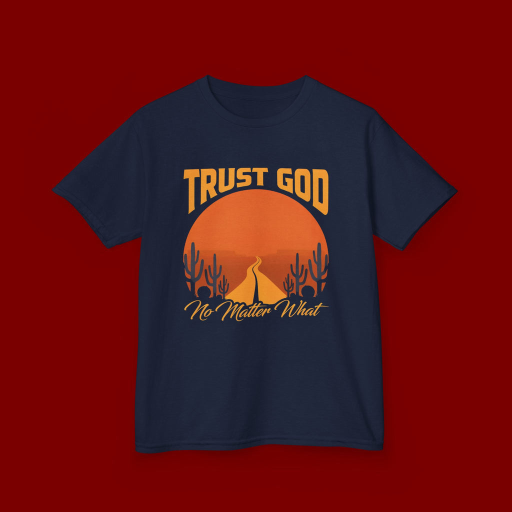 Kids Tee — "Trust God No Matter What" Sunset Camping Graphic