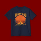 Kids Tee — "Trust God No Matter What" Sunset Camping Graphic