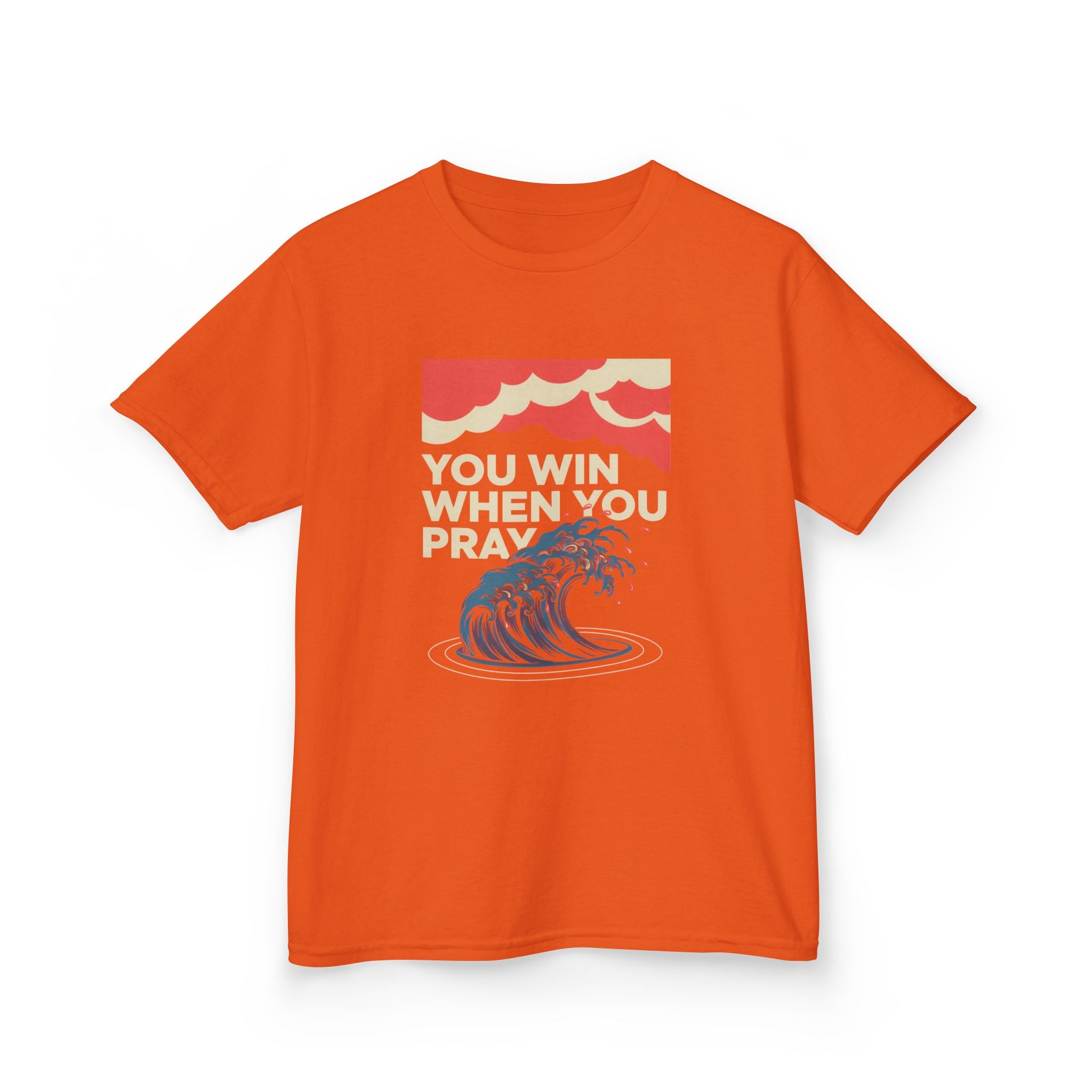 Kids Tee – “You Win When You Pray” Retro Wave Ocean Graphic