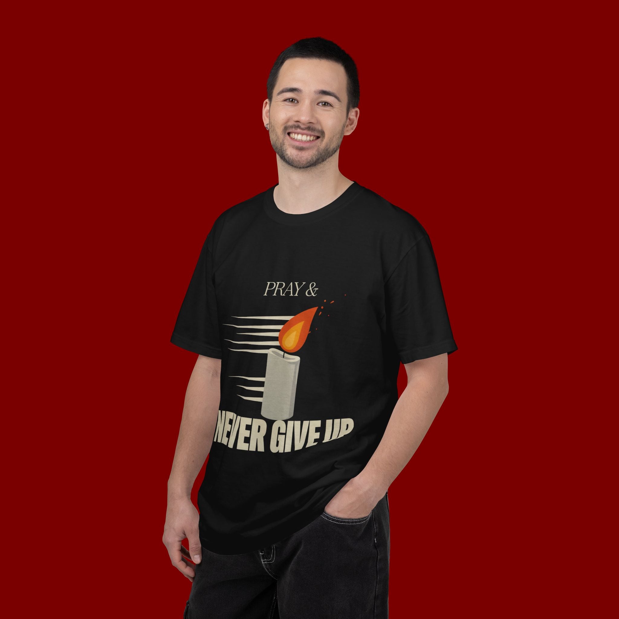 Pray & Never Give Up T‑Shirt — Inspirational Candle Faith Tee