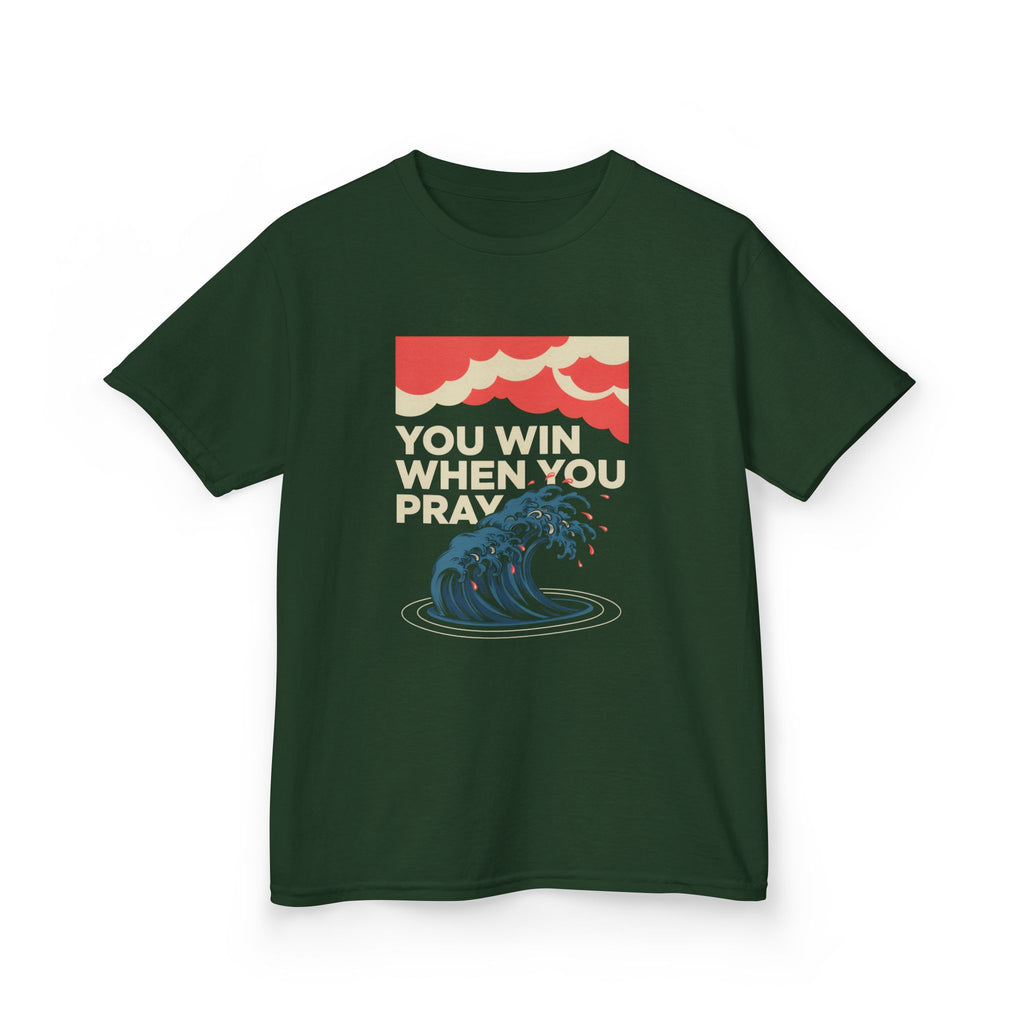 Kids Tee – “You Win When You Pray” Retro Wave Ocean Graphic