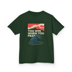 Kids Tee – “You Win When You Pray” Retro Wave Ocean Graphic