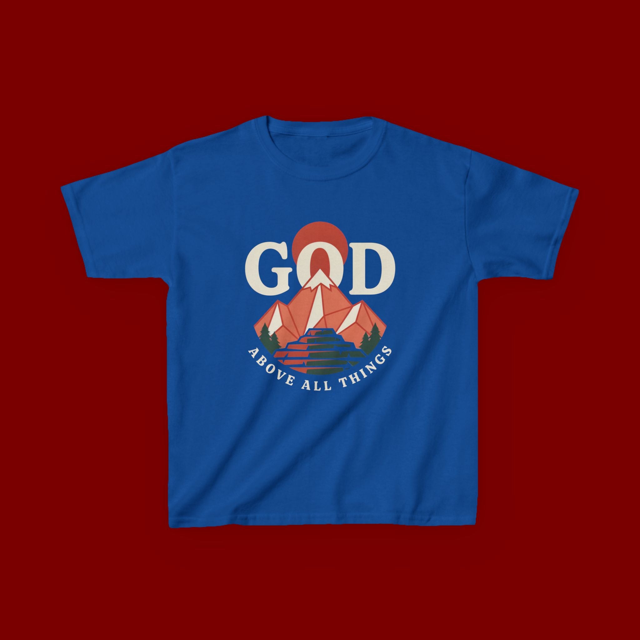 Kids Tee – 'GOD' Mountain Sunrise Faith Graphic