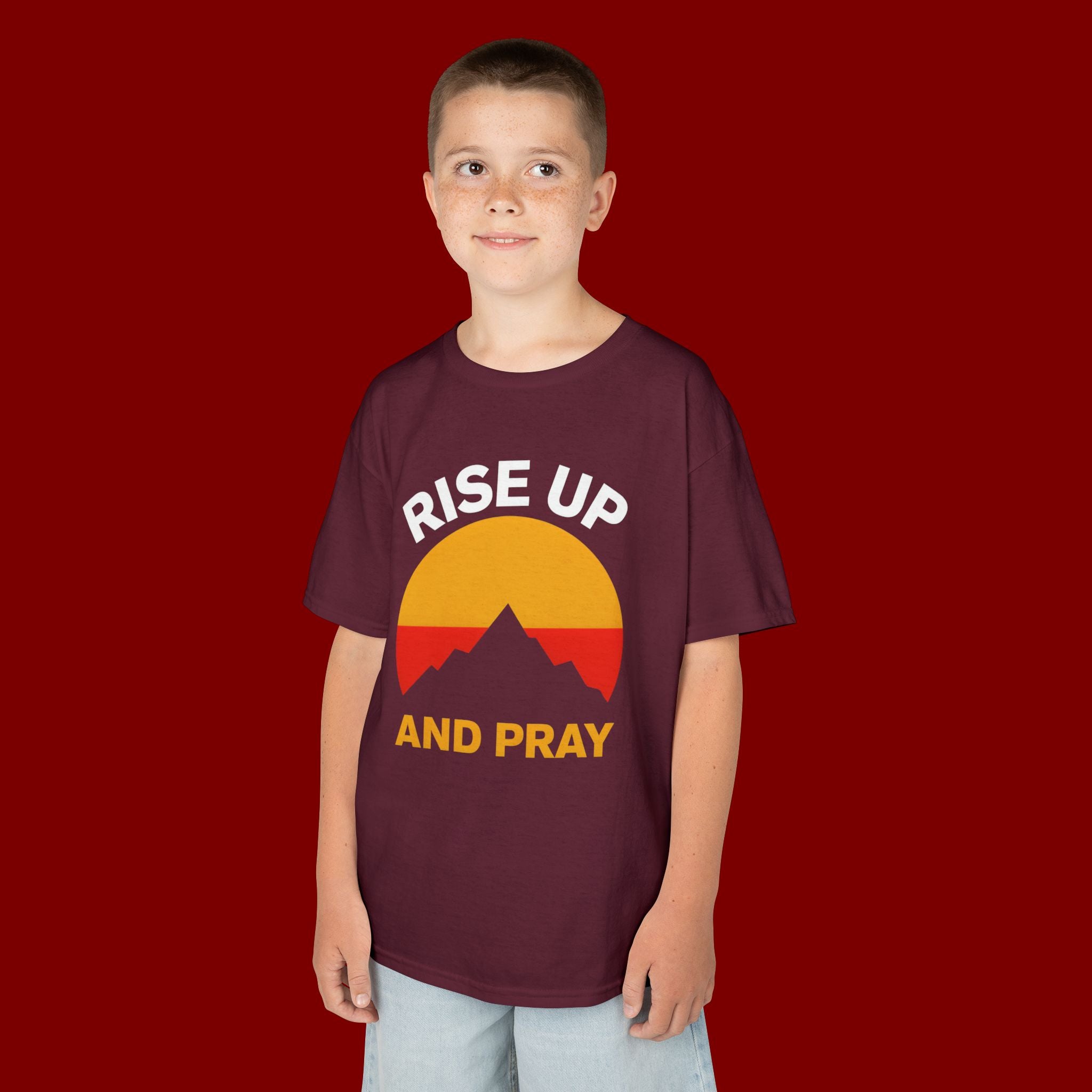 Kids Tee — "Rise Up and Pray" Mountain Sunrise Faith T‑Shirt