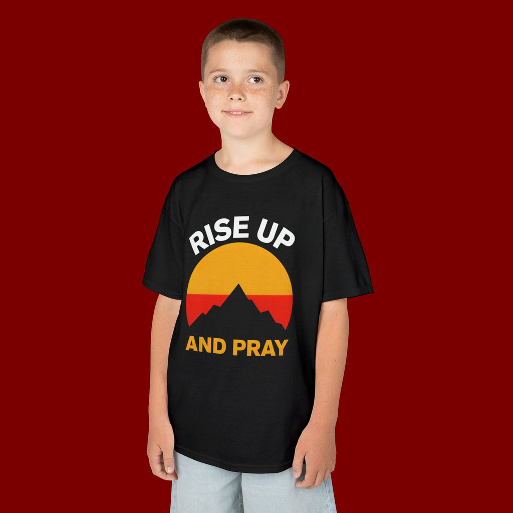 Kids Tee — "Rise Up and Pray" Mountain Sunrise Faith T‑Shirt