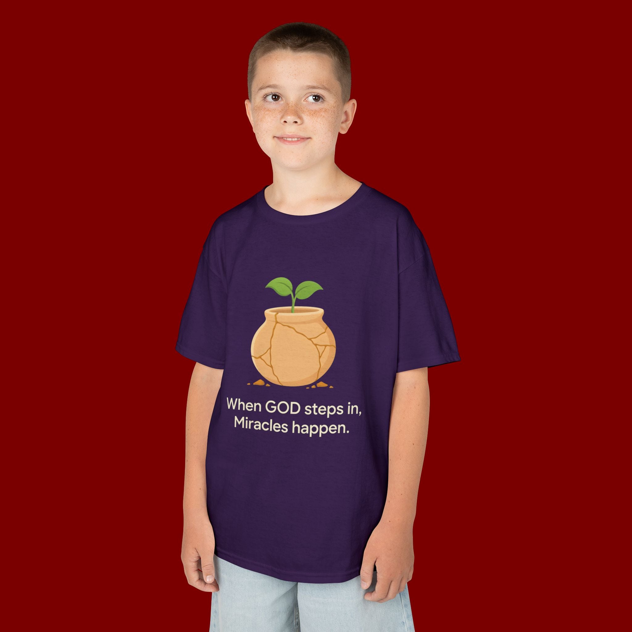 Kids Tee — "When GOD steps in, Miracles happen." Inspirational Christian T‑Shirt with Sprout Pot Design