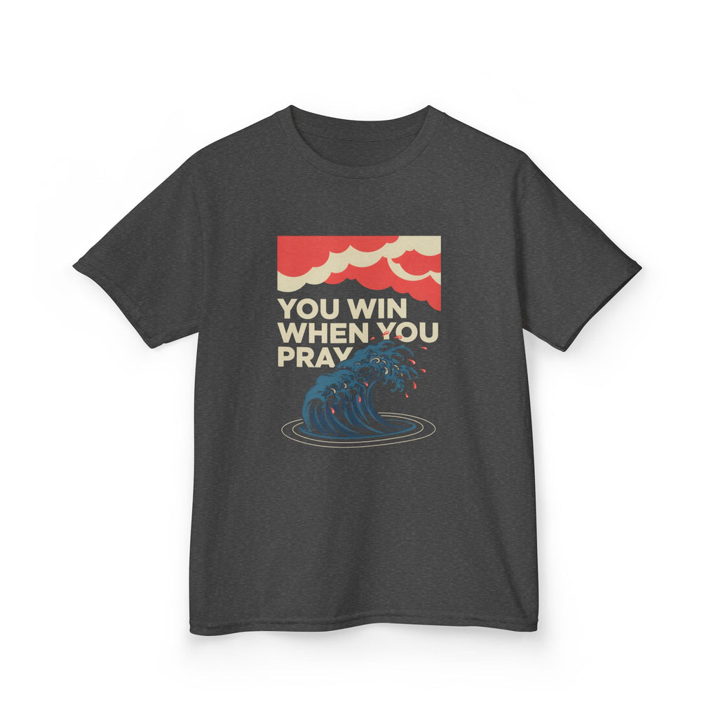 Kids Tee – “You Win When You Pray” Retro Wave Ocean Graphic