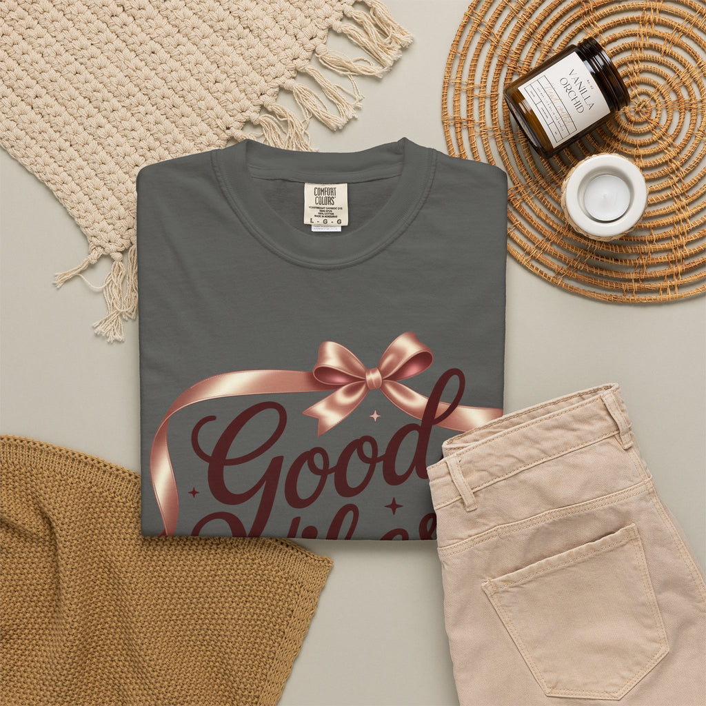 Good Vibes Only T-Shirt — Positive Message Graphic Tee with Ribbon Design