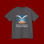 Kids Tee — “When God Steps In, Miracles Happen” Wave Heart Faith Shirt