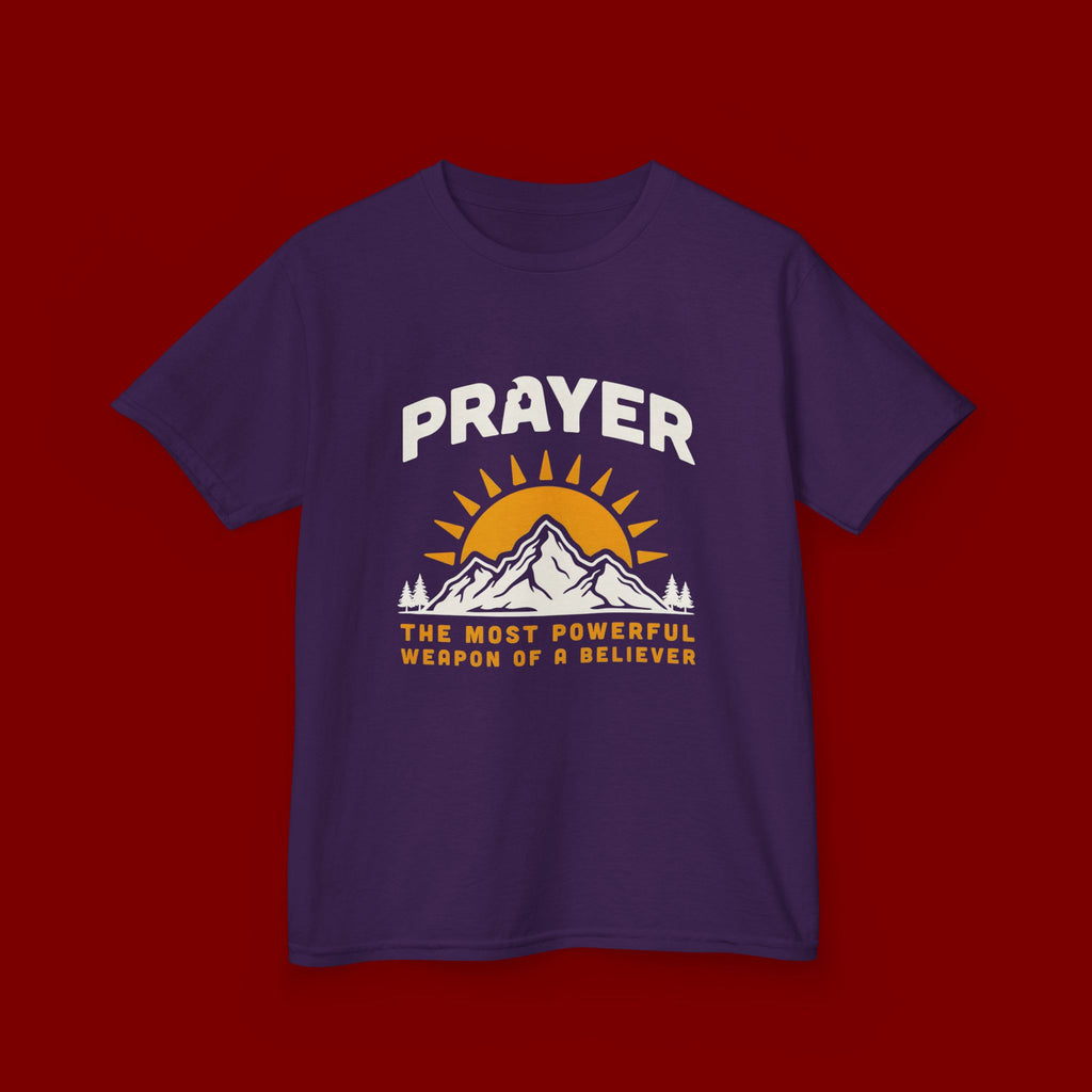 Kids Tee — "Prayer: The Most Powerful Weapon of a Believer" Mountain Sun Graphic