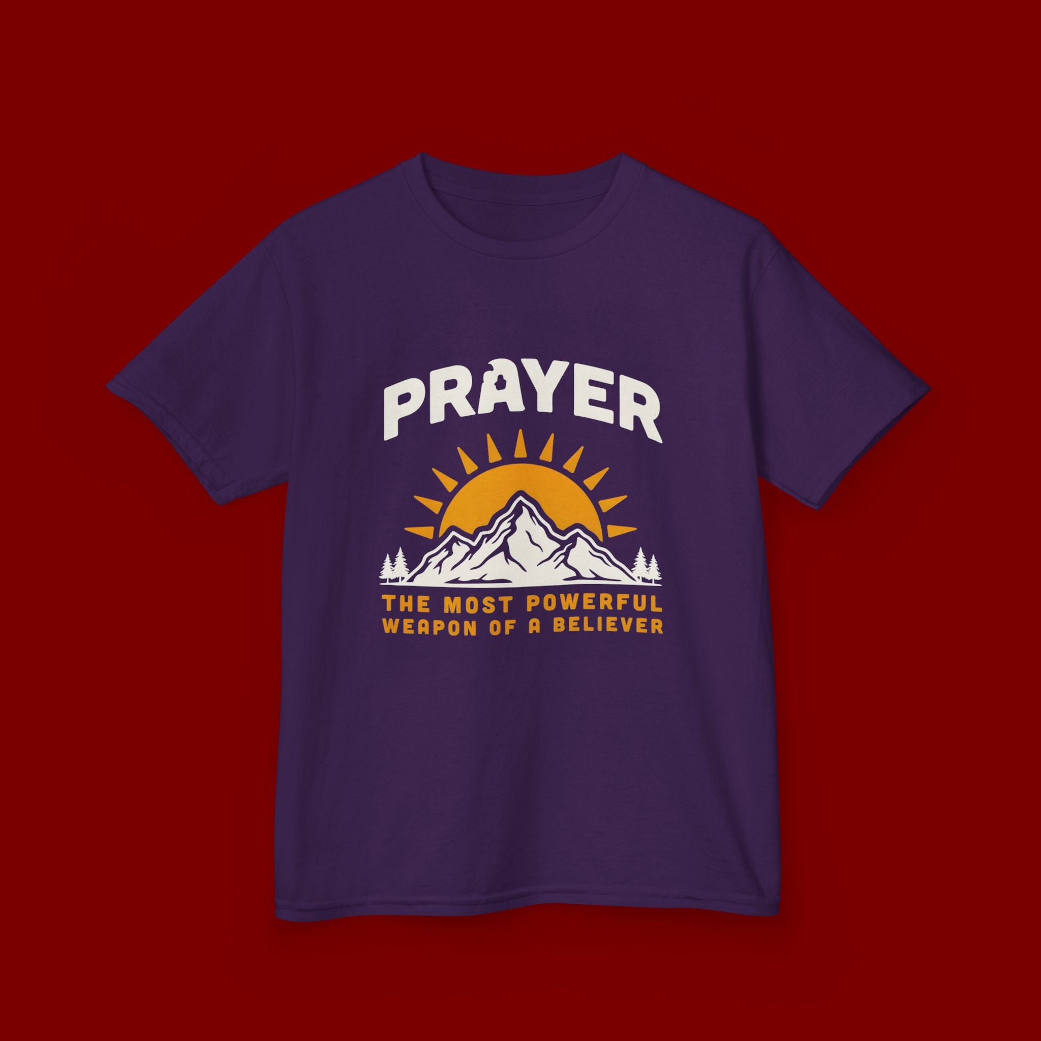 Kids Tee — "Prayer: The Most Powerful Weapon of a Believer" Mountain Sun Graphic