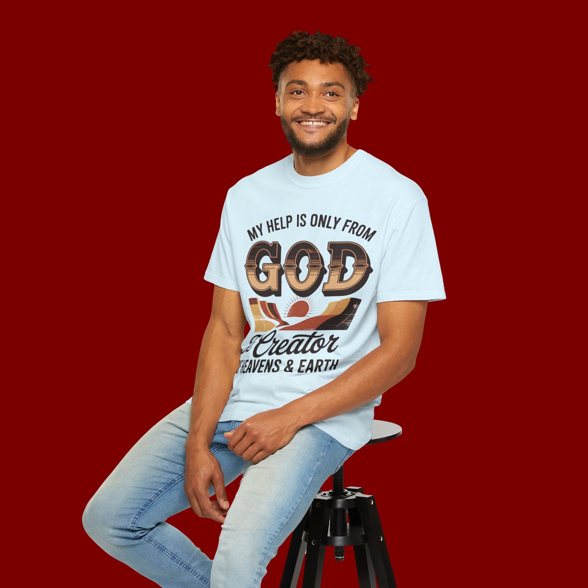 Christian T-Shirt — “My Help Is Only From God, The Creator of Heavens & Earth” Retro Faith Tee