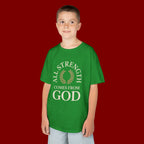 Kids T-Shirt – "All Strength Comes From God" Faith Tee for Boys & Girls