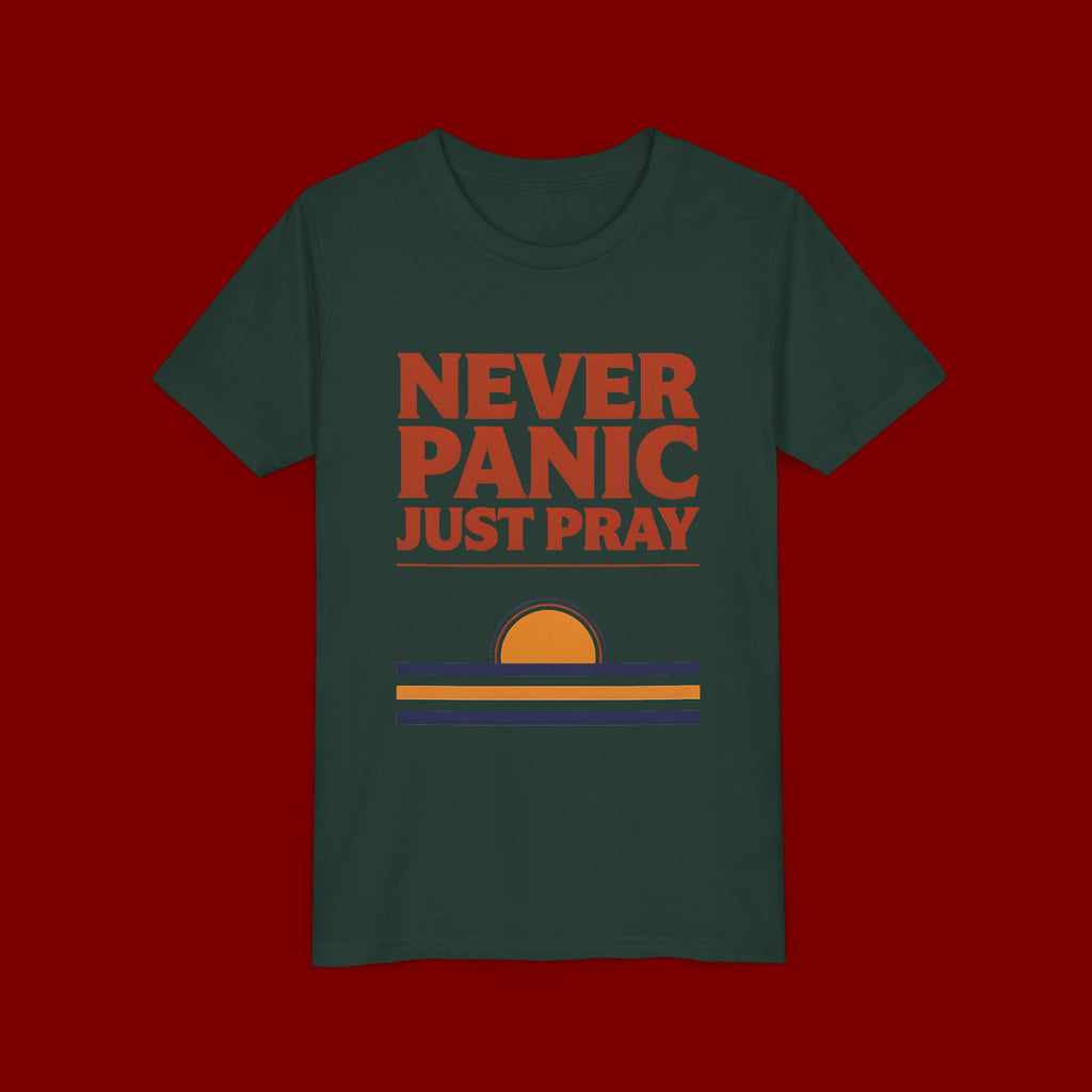 Youth Tee — "Never Panic Just Pray" Retro Sunset Kids T-Shirt