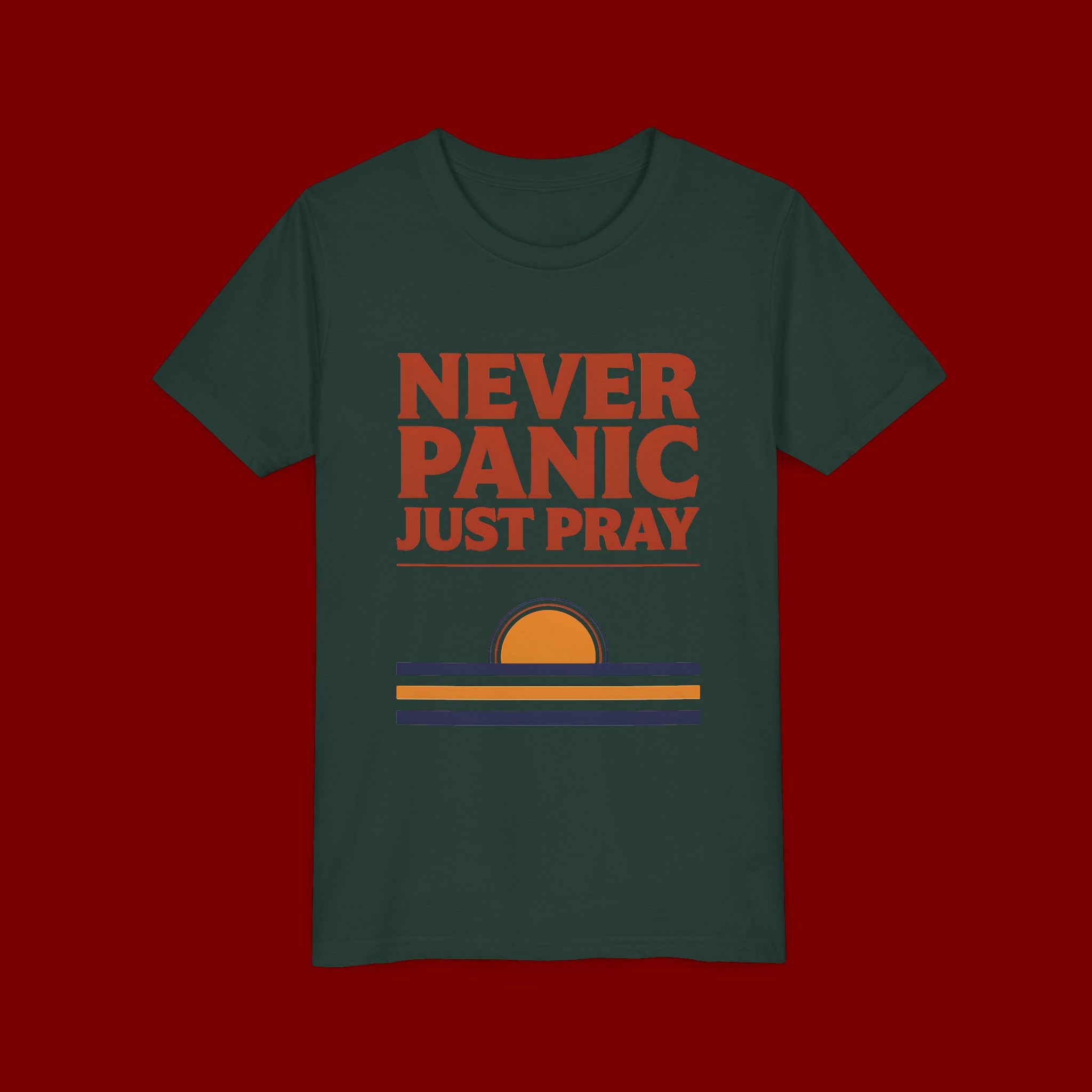 Youth Tee — "Never Panic Just Pray" Retro Sunset Kids T-Shirt