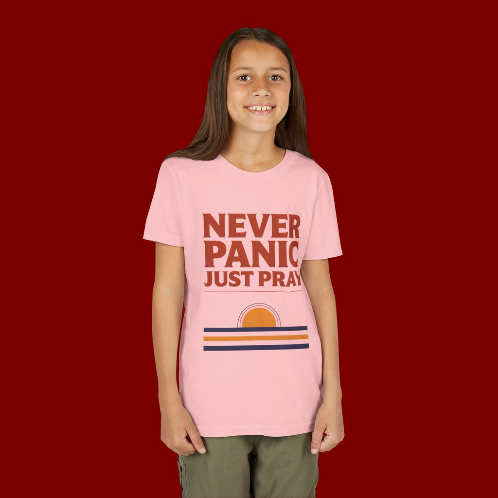 Youth Tee — "Never Panic Just Pray" Retro Sunset Kids T-Shirt
