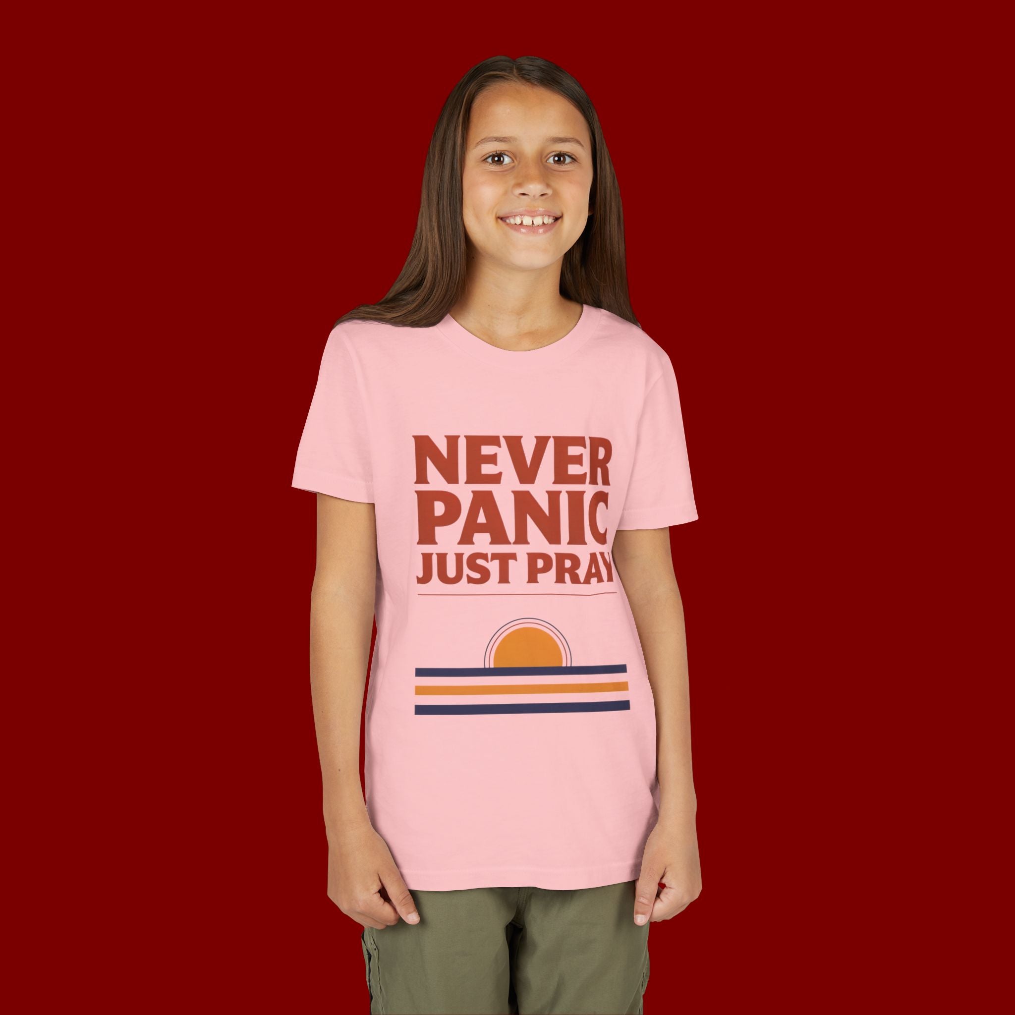 Youth Tee — "Never Panic Just Pray" Retro Sunset Kids T-Shirt